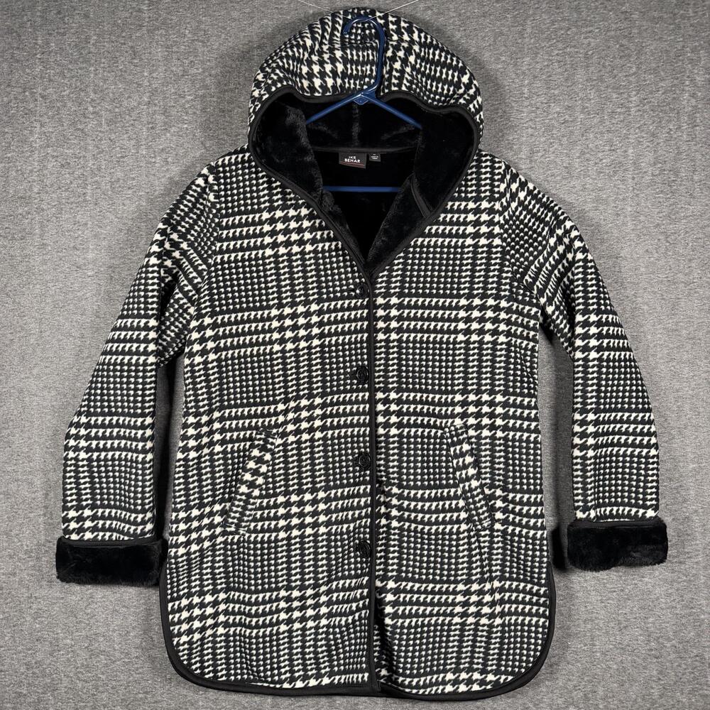 IKE BEHAR Coat Womens Medium Black Houndstooth Hooded Fleece Lined Winter Parka